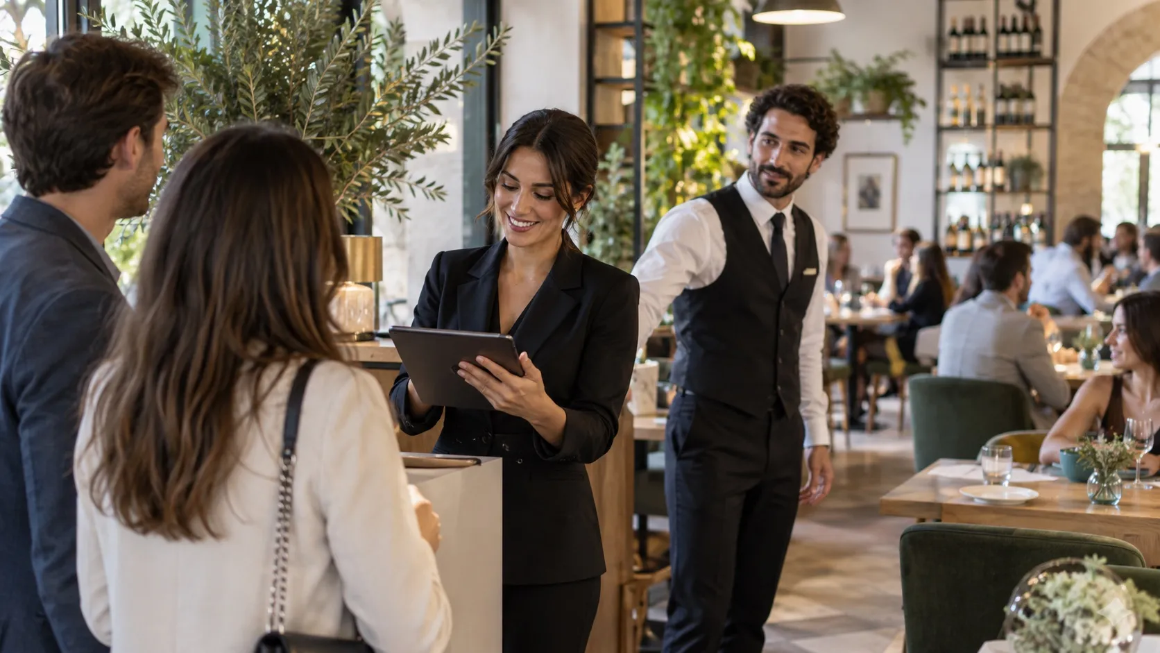 Una maître registra l'arrivo degli ospiti sul tablet durante il servizio