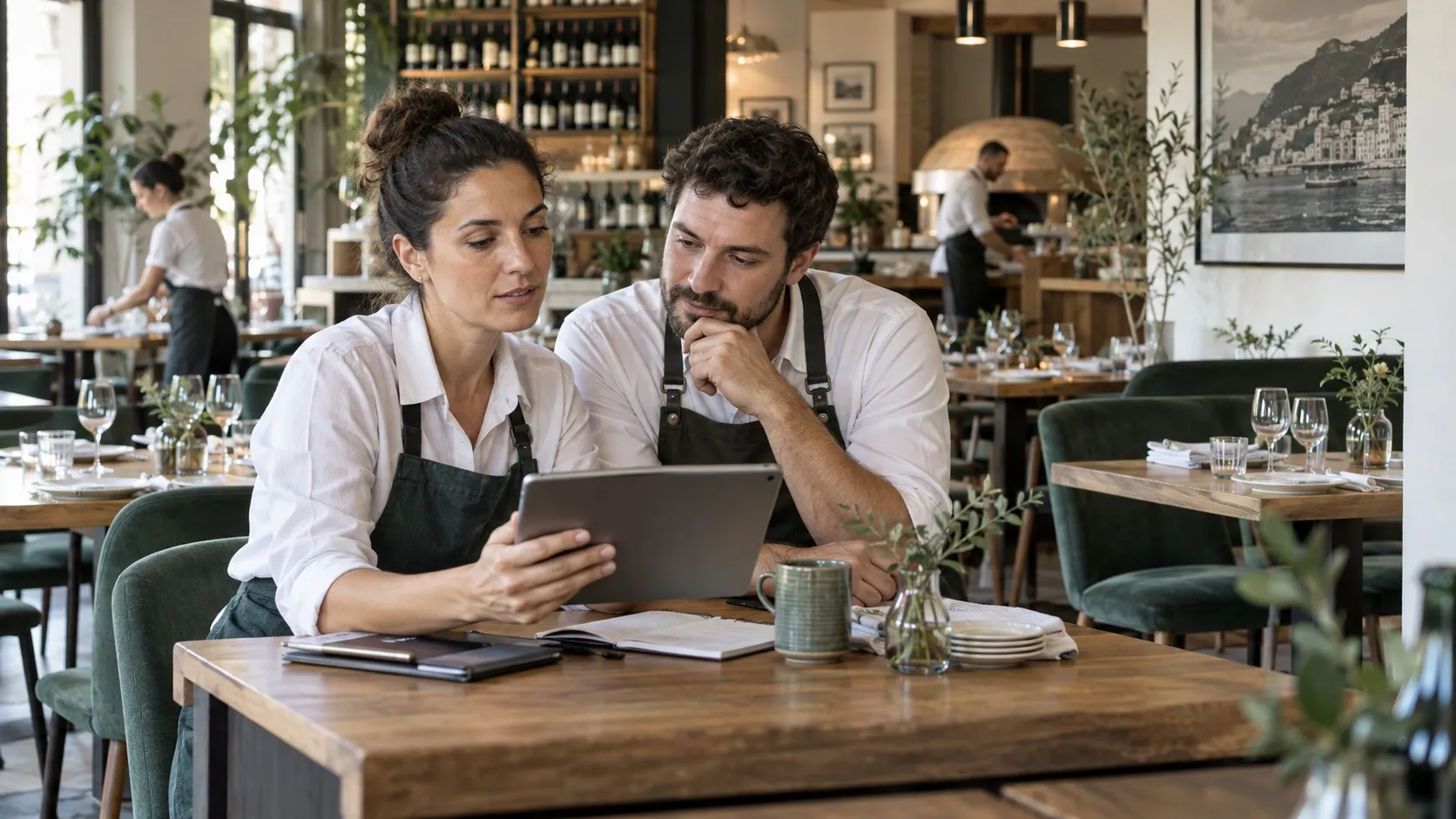 La responsabile del ristorante e un collega valutano il servizio sul tablet